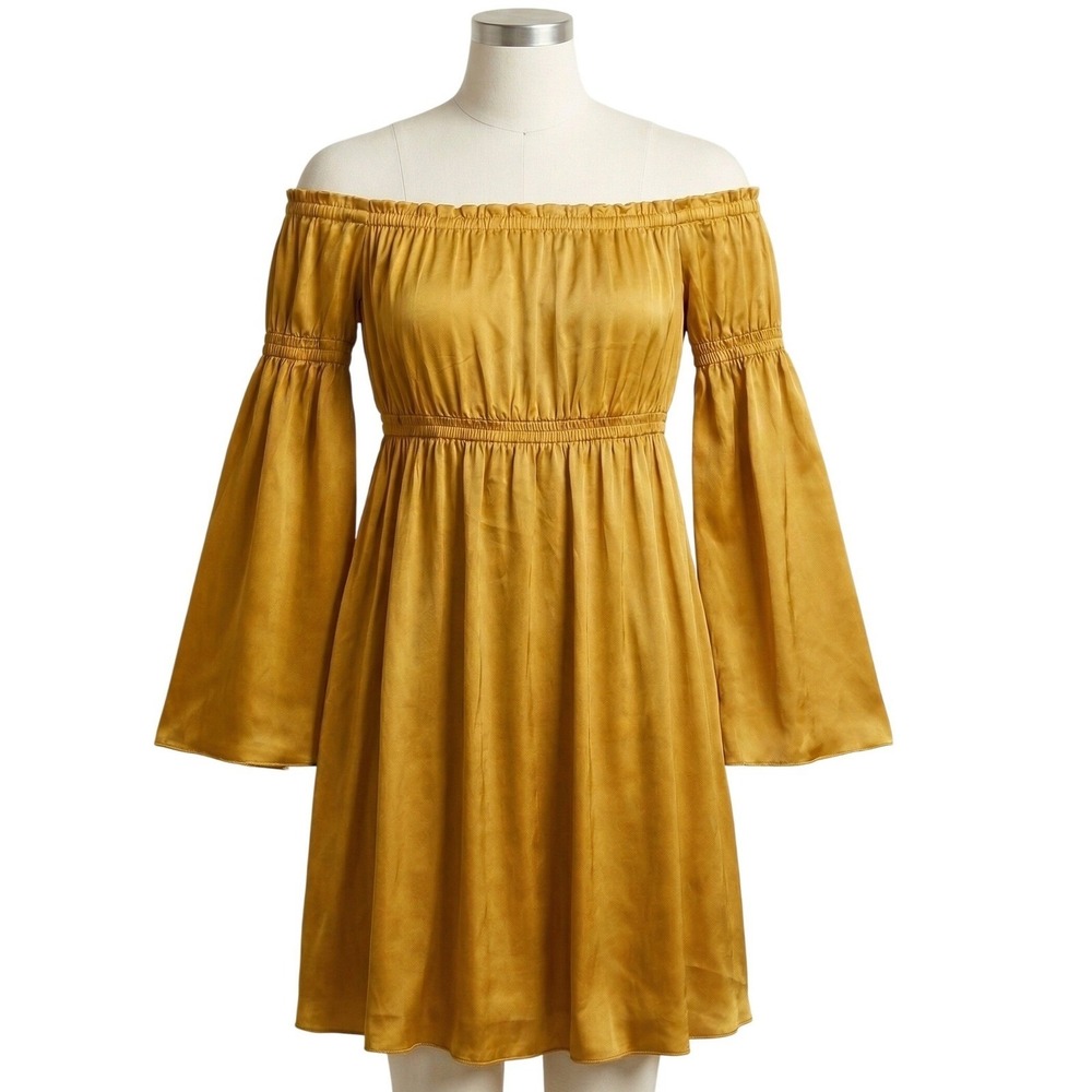 SHORE Shore Brand Off-the-Shoulder Mini Dress XL Gold Boho Romantic NWT $198 - Picture 6 of 14